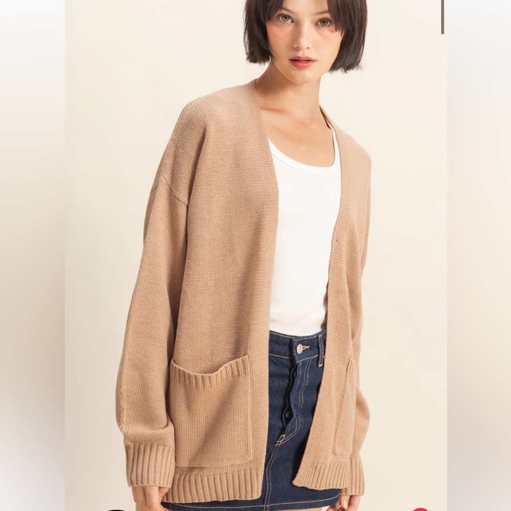 Double Zero Oversized Open-Front Cardigan Sweater With Pockets – Taupe (S, M, L)